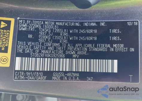 2019 Toyota Highlander Le z USA, uszkodzony, nr VIN 5TDBZRFHXKS925966